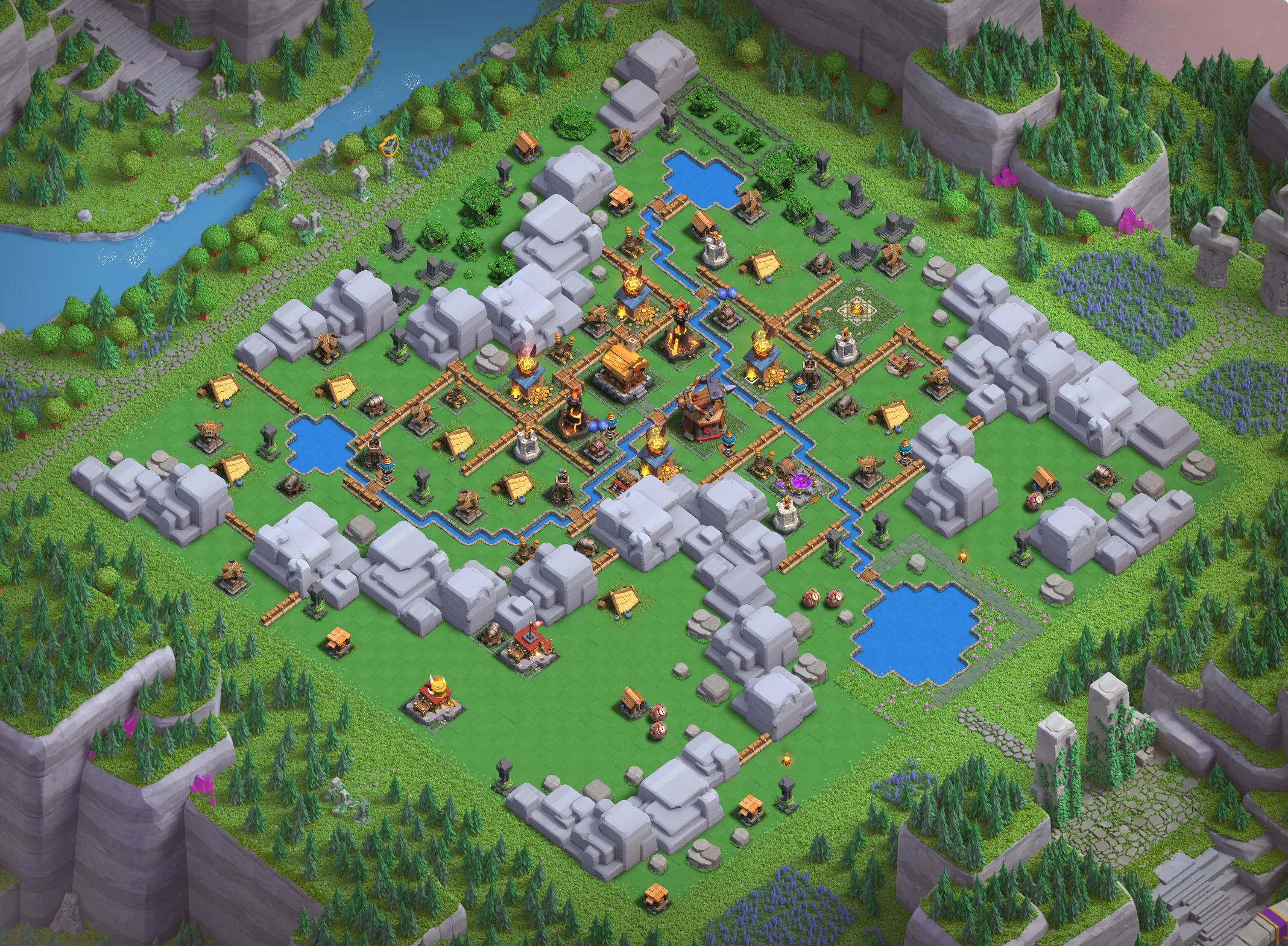 Dragon Cliffs Level 3 layout with anti-air defenses - Clash of Clans Capital District base design with copy link Base #1