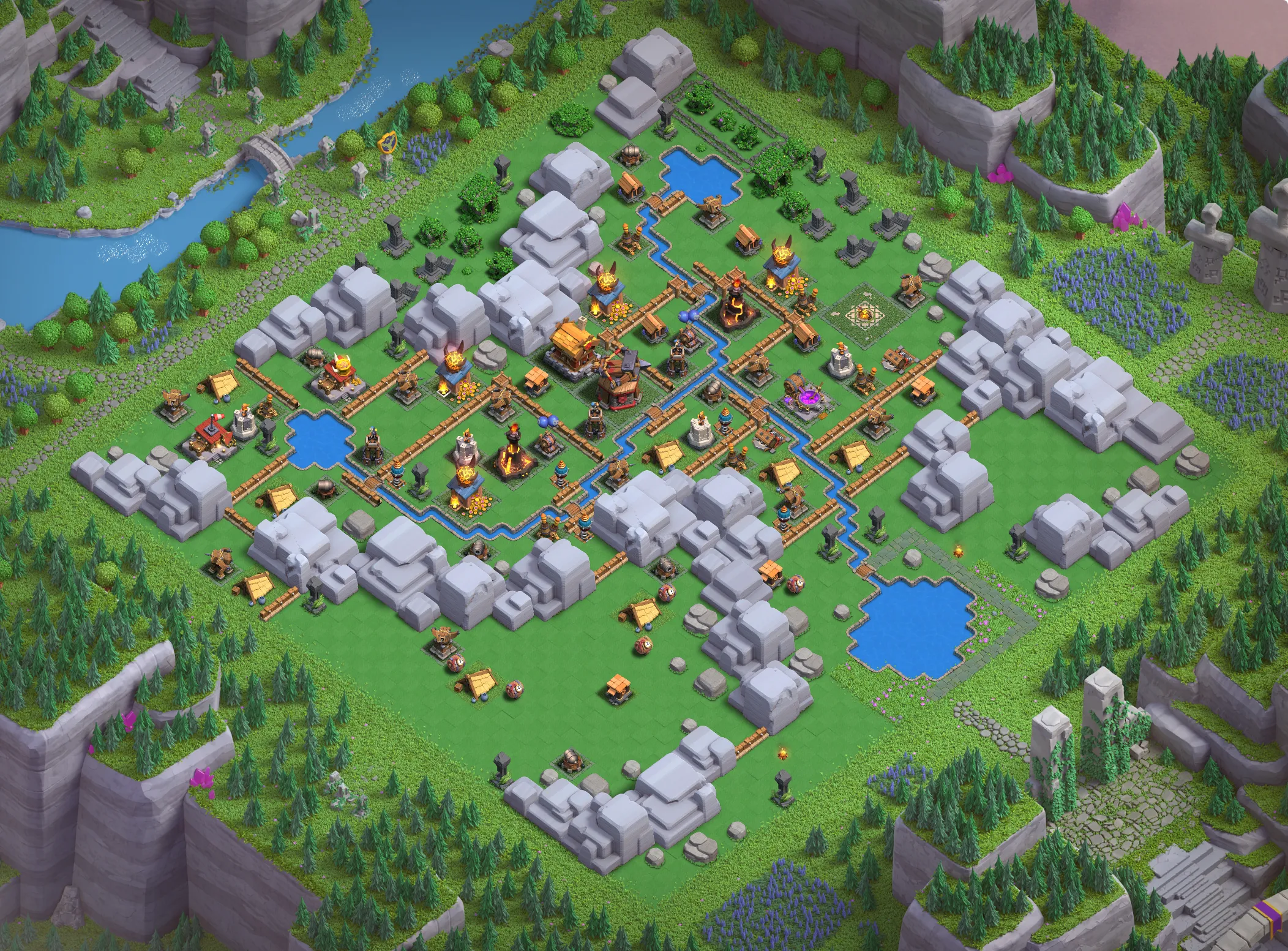 Dragon Cliffs Level 3 layout with anti-air defenses - Clash of Clans Capital District base design with copy link Base #2
