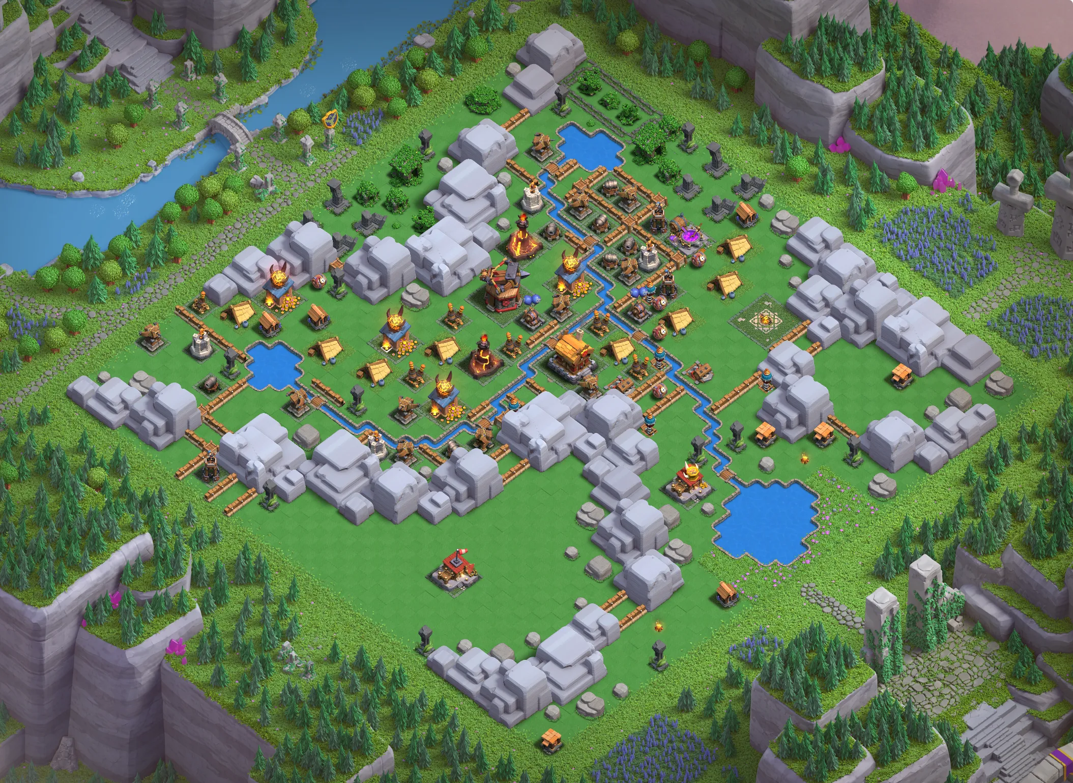 Dragon Cliffs Level 3 layout with anti-air defenses - Clash of Clans Capital District base design with copy link Base #3