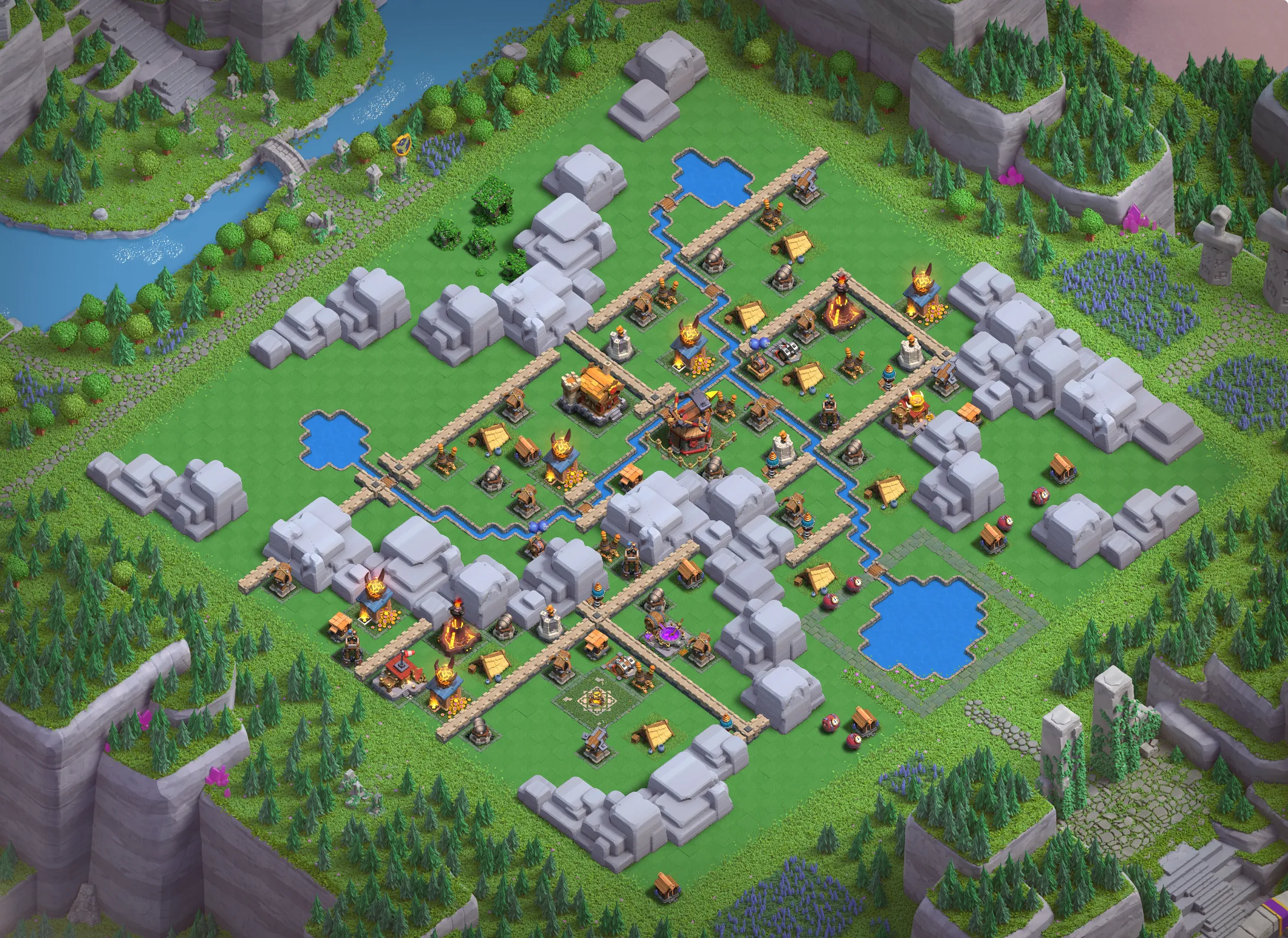 Dragon Cliffs Level 4 layout with anti-air defenses - Clash of Clans Capital District base design with copy link Base #1