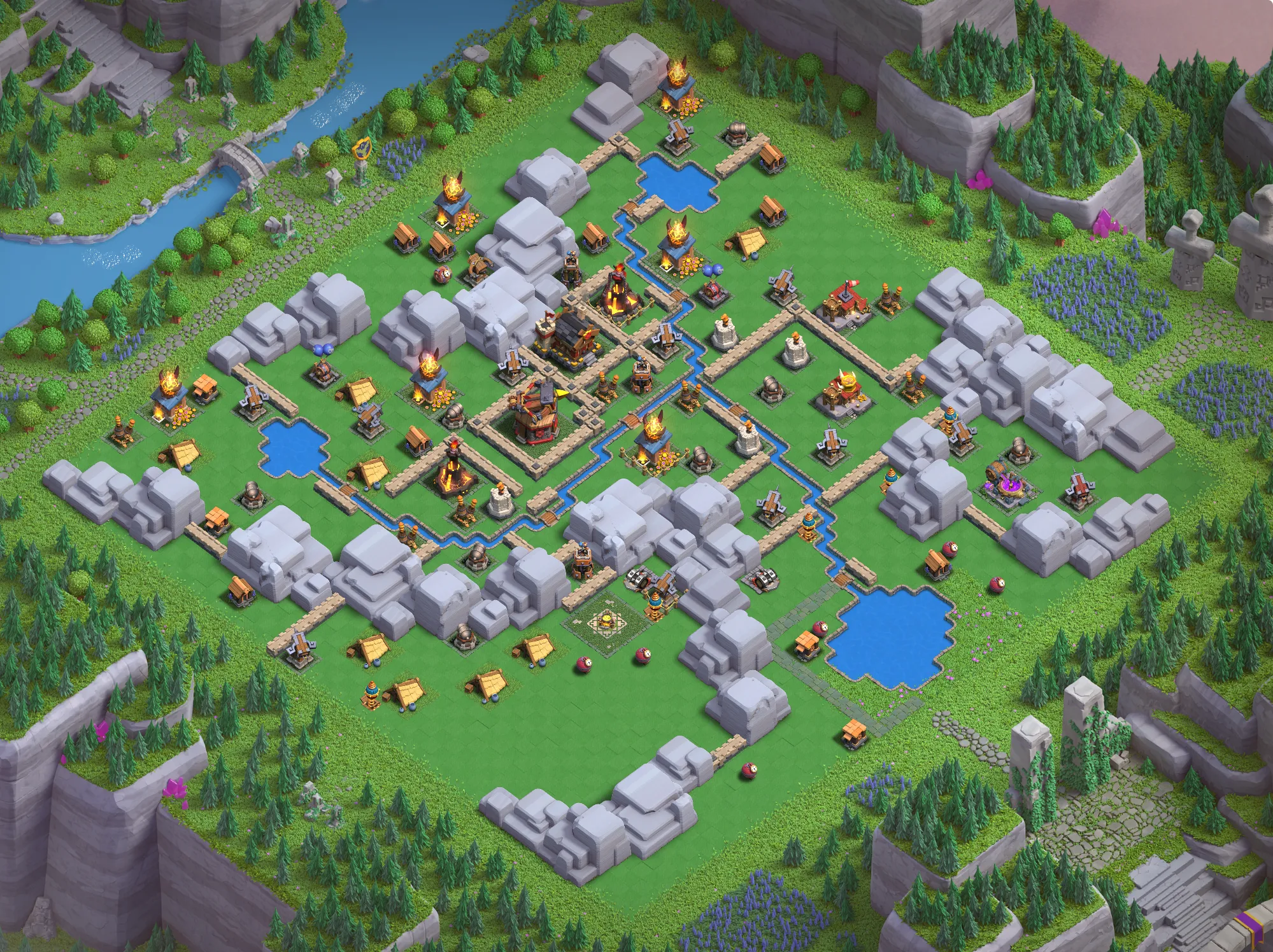 Dragon Cliffs Level 5 layout with anti-air defenses - Clash of Clans Capital District base design with copy link Base #1